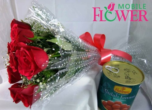 Red roses bunch with 1 kg gulaab jamun by mobile flower pune